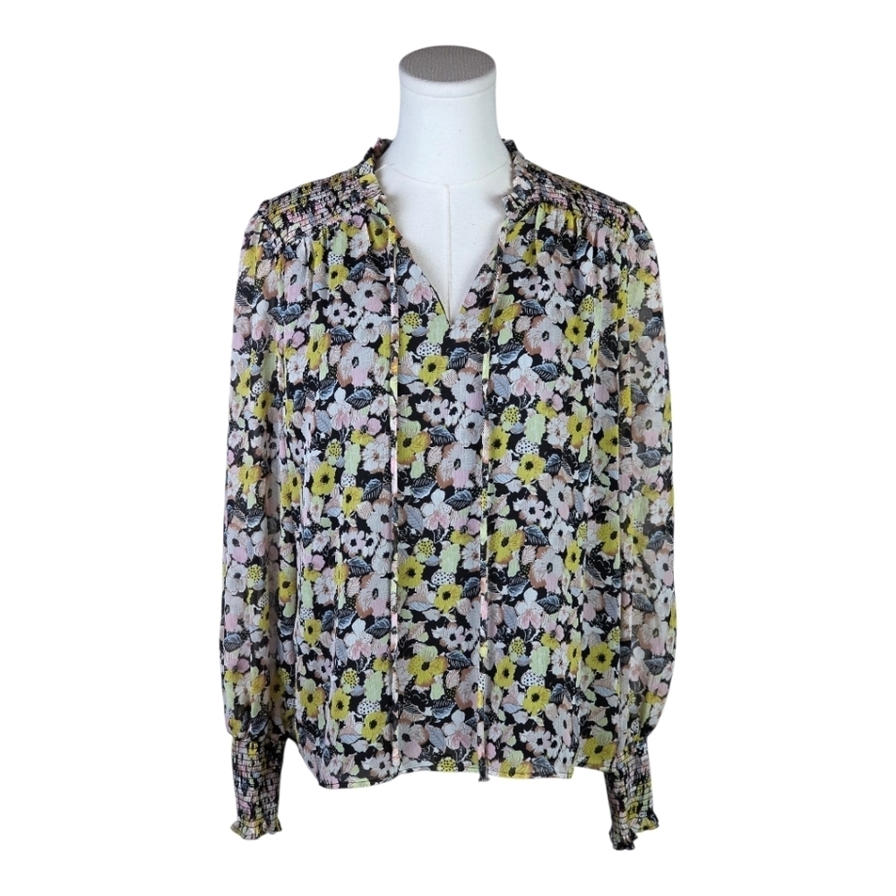 Fate Floral Smocked Ruffle Blouse Sz S Sheer Sleeve Boho Romantic Top